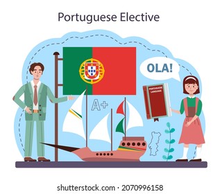 Concepto de aprendizaje de lengua portuguesa. Curso de portugués de la escuela de idiomas. Estudiar idiomas extranjeros con hablante nativo. Idea de comunicación global. Ilustración vectorial plana