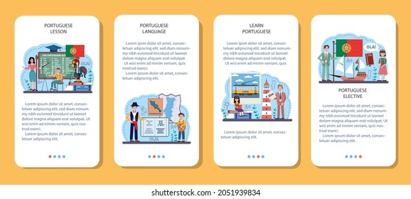 Juego de banners para aplicaciones móviles de aprendizaje en portugués. Curso de portugués de la escuela de idiomas. Estudiar idiomas extranjeros con hablante nativo. Idea de comunicación global. Ilustración vectorial plana