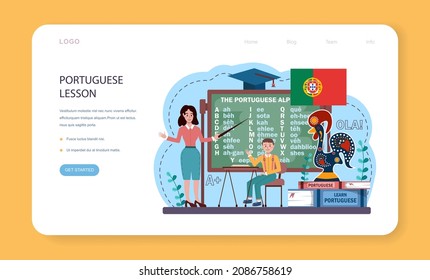 Banner web o página de inicio del aprendizaje en lengua portuguesa. Curso de portugués de la escuela de idiomas. Estudiar idiomas extranjeros con hablante nativo. Idea de comunicación global. Ilustración vectorial plana