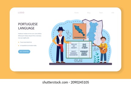 Banner web o página de inicio del aprendizaje en lengua portuguesa. Curso de portugués de la escuela de idiomas. Estudiar idiomas extranjeros con hablante nativo. Idea de comunicación global. Ilustración vectorial plana