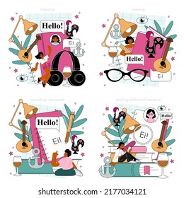 Conjunto de idiomas portugueses. Curso de escucha, lectura y habla en portugués de la escuela de idiomas. Lenguas extranjeras estudiando. Idea de comunicación global. Ilustración vectorial plana