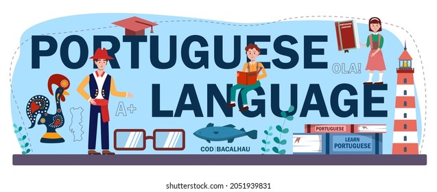 Encabezado tipográfico en portugués. Curso de portugués de la escuela de idiomas. Estudiar idiomas extranjeros con hablante nativo. Idea de comunicación global. Ilustración vectorial plana