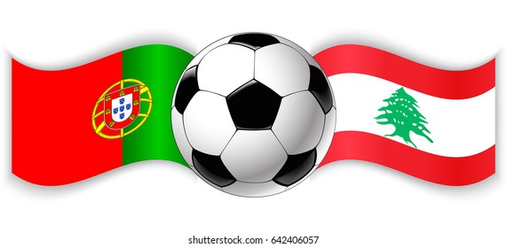Portuguese and Lebanese wavy flags with football ball. Portugal combined with Lebanon isolated on white. Football match or international sport competition concept.