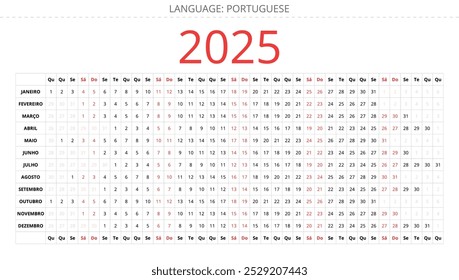 Calendario lineal PORTUGUÉS para el año 2025. Ilustración vectorial de Plantilla imprimible para Portugal