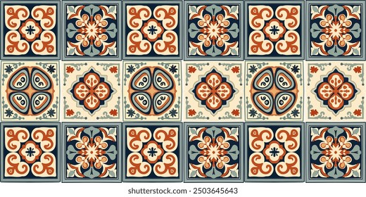 Portuguese Lisbon Azulejos ornament texture design, moroccan arabesque style square shape ceramic tile, vector seamless pattern