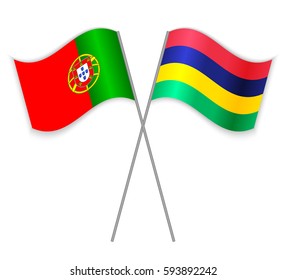 Portuguese and Mauritian crossed flags. Portugal combined with Mauritius isolated on white. Language learning, international business or travel concept.