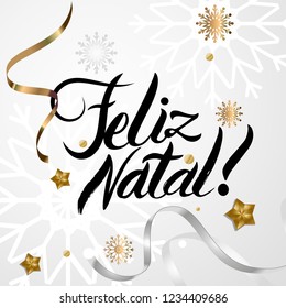 Portuguese Merry Christmas Feliz Natal golden decoration ornament with Christmas ball and snowflakes. Luxury design. Gold and black. Hand drawing letters