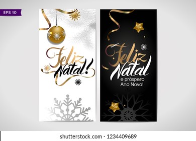 Portuguese Merry Christmas Feliz Natal golden decoration ornament with Christmas ball and snowflakes. Luxury design. Gold and black. Hand drawing letters