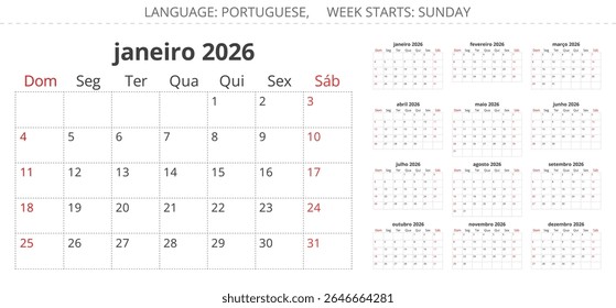 Planejador do calendário mensal PORTUGUÊS para o ano de 2026. Ilustração de conjunto de coleção de vetores para Portugal. A semana começa no domingo