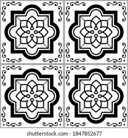 Portuguese and Moroccan Azulejo tile seamless vector pattern, monochrome textile design with swirls and geometric shapes. Ornamental black and white retro background inspired by traditional tile art 