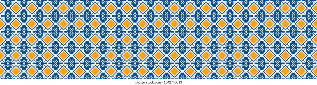 Portuguese Mosaic Tile Seamless Border Pattern. Ceramic Azulejo Style. Tiled Motif Graphic Banner. Traditional Portugal Tourism Ribbon Trim.Travel Brochure Background. Packaging Design Vector EPS 10