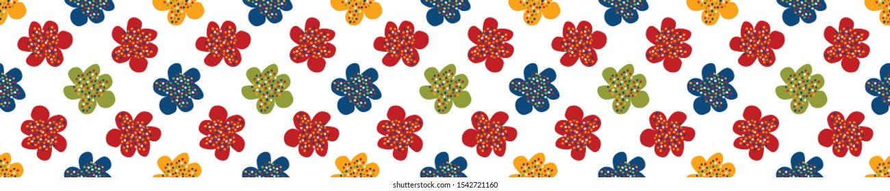 Portuguese Naive Daisy Bloom Seamless Border Pattern. Hand Drawn Tossed Floral Background. Bright Ditsy Summer Banner Ribbon Trim. Daisies Flower Packaging. Portugal Tourism Washi Tape. Vector Eps10
