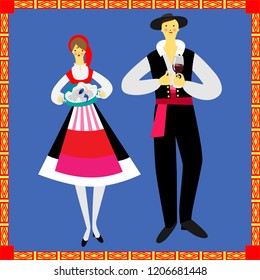 Portuguese in national costumes in a frame. Fine for souvenirs, wrap paper, stationary, travel brochures, and textile prints.