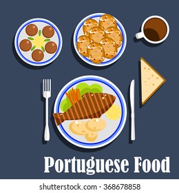 Portuguese national cuisine flat icons of cod fish served with boiled potatoes, lemon, carrot sticks on lettuce leaf, salted codfish fritters, egg custard tarts and cup of coffee