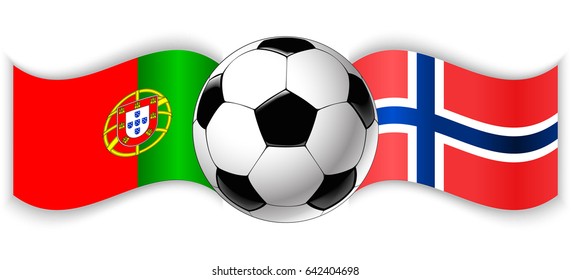 Portuguese and Norwegian wavy flags with football ball. Portugal combined with Norway isolated on white. Football match or international sport competition concept.