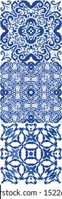 Portuguese ornamental azulejo ceramic. Bathroom design. Kit of vector seamless patterns. Blue vintage backdrops for wallpaper, web background, towels, print, surface texture, pillows.