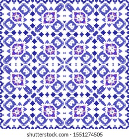 Portuguese ornamental azulejo ceramic. Bathroom design. Vector seamless pattern frame. Blue vintage backdrop for wallpaper, web background, towels, print, surface texture, pillows.