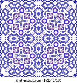 Portuguese ornamental azulejo ceramic. Bathroom design. Vector seamless pattern frame. Blue vintage backdrop for wallpaper, web background, towels, print, surface texture, pillows.