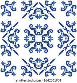 Portuguese ornamental azulejo ceramic. Bathroom design. Vector seamless pattern elements. Blue vintage backdrop for wallpaper, web background, towels, print, surface texture, pillows.