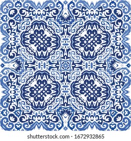 Portuguese ornamental azulejo ceramic. Bathroom design. Vector seamless pattern trellis. Blue vintage backdrop for wallpaper, web background, towels, print, surface texture, pillows.