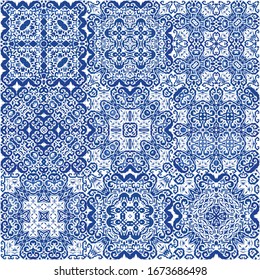 Portuguese ornamental azulejo ceramic. Bathroom design. Kit of vector seamless patterns. Blue vintage backdrops for wallpaper, web background, towels, print, surface texture, pillows.