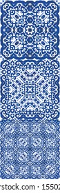 Portuguese ornamental azulejo ceramic. Collection of vector seamless patterns. Colored design. Blue vintage backdrops for wallpaper, web background, towels, print, surface texture, pillows.