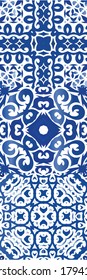 Portuguese ornamental azulejo ceramic. Collection of vector seamless patterns. Original design. Blue vintage backdrops for wallpaper, web background, towels, print, surface texture, pillows.