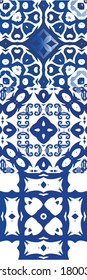 Portuguese ornamental azulejo ceramic. Collection of vector seamless patterns. Hand drawn design. Blue vintage backdrops for wallpaper, web background, towels, print, surface texture, pillows.