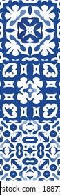 Portuguese ornamental azulejo ceramic. Collection of vector seamless patterns. Fashionable design. Blue vintage backdrops for wallpaper, web background, towels, print, surface texture, pillows.