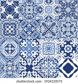Portuguese ornamental azulejo ceramic. Collection of vector seamless patterns. Original design. Blue vintage backdrops for wallpaper, web background, towels, print, surface texture, pillows.
