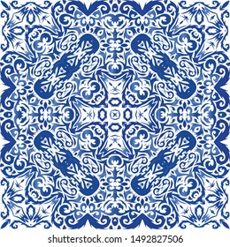 Portuguese ornamental azulejo ceramic. Colored design. Vector seamless pattern theme. Blue vintage backdrop for wallpaper, web background, towels, print, surface texture, pillows.
