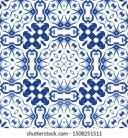 Portuguese ornamental azulejo ceramic. Colored design. Vector seamless pattern collage. Blue vintage backdrop for wallpaper, web background, towels, print, surface texture, pillows.