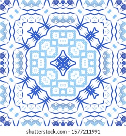 Portuguese ornamental azulejo ceramic. Colored design. Vector seamless pattern collage. Blue vintage backdrop for wallpaper, web background, towels, print, surface texture, pillows.