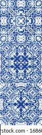 Portuguese ornamental azulejo ceramic. Colored design. Kit of vector seamless patterns. Blue vintage backdrops for wallpaper, web background, towels, print, surface texture, pillows.
