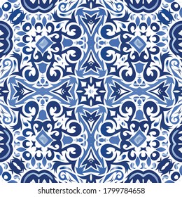 Portuguese ornamental azulejo ceramic. Colored design. Vector seamless pattern template. Blue vintage backdrop for wallpaper, web background, towels, print, surface texture, pillows.