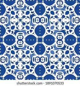Portuguese ornamental azulejo ceramic. Colored design. Vector seamless pattern poster. Blue vintage backdrop for wallpaper, web background, towels, print, surface texture, pillows.
