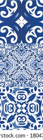 Portuguese ornamental azulejo ceramic. Creative design. Collection of vector seamless patterns. Blue vintage backdrops for wallpaper, web background, towels, print, surface texture, pillows.