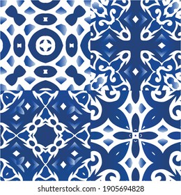 Portuguese ornamental azulejo ceramic. Creative design. Kit of vector seamless patterns. Blue vintage backdrops for wallpaper, web background, towels, print, surface texture, pillows.