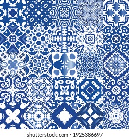 Portuguese ornamental azulejo ceramic. Creative design. Set of vector seamless patterns. Blue vintage backdrops for wallpaper, web background, towels, print, surface texture, pillows.