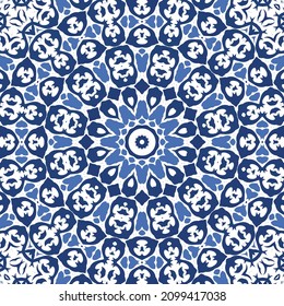 Portuguese ornamental azulejo ceramic. Creative design. Vector seamless pattern collage. Blue vintage backdrop for wallpaper, web background, towels, print, surface texture, pillows.