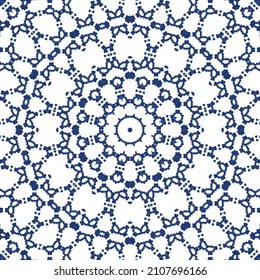 Portuguese ornamental azulejo ceramic. Creative design. Vector seamless pattern collage. Blue vintage backdrop for wallpaper, web background, towels, print, surface texture, pillows.