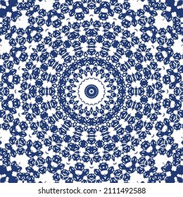 Portuguese ornamental azulejo ceramic. Creative design. Vector seamless pattern collage. Blue vintage backdrop for wallpaper, web background, towels, print, surface texture, pillows.