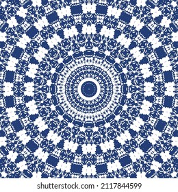 Portuguese ornamental azulejo ceramic. Creative design. Vector seamless pattern collage. Blue vintage backdrop for wallpaper, web background, towels, print, surface texture, pillows.
