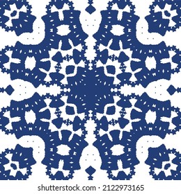 Portuguese ornamental azulejo ceramic. Creative design. Vector seamless pattern collage. Blue vintage backdrop for wallpaper, web background, towels, print, surface texture, pillows.