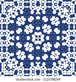 Portuguese ornamental azulejo ceramic. Creative design. Vector seamless pattern collage. Blue vintage backdrop for wallpaper, web background, towels, print, surface texture, pillows.