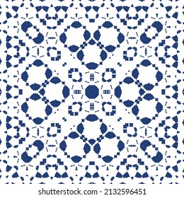 Portuguese ornamental azulejo ceramic. Creative design. Vector seamless pattern collage. Blue vintage backdrop for wallpaper, web background, towels, print, surface texture, pillows.