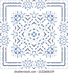 Portuguese ornamental azulejo ceramic. Creative design. Vector seamless pattern collage. Blue vintage backdrop for wallpaper, web background, towels, print, surface texture, pillows.