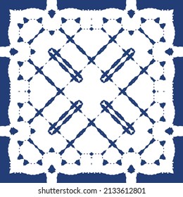 Portuguese ornamental azulejo ceramic. Creative design. Vector seamless pattern collage. Blue vintage backdrop for wallpaper, web background, towels, print, surface texture, pillows.