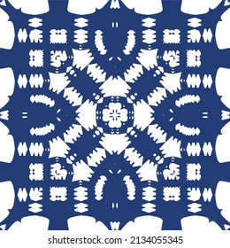 Portuguese ornamental azulejo ceramic. Creative design. Vector seamless pattern collage. Blue vintage backdrop for wallpaper, web background, towels, print, surface texture, pillows.