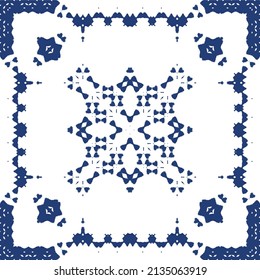 Portuguese ornamental azulejo ceramic. Creative design. Vector seamless pattern collage. Blue vintage backdrop for wallpaper, web background, towels, print, surface texture, pillows.